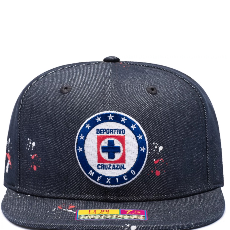Cruz Azul Fan Ink Hat Football Soccer Navy Paint Splatter Fitted 7 3/8 Cap New